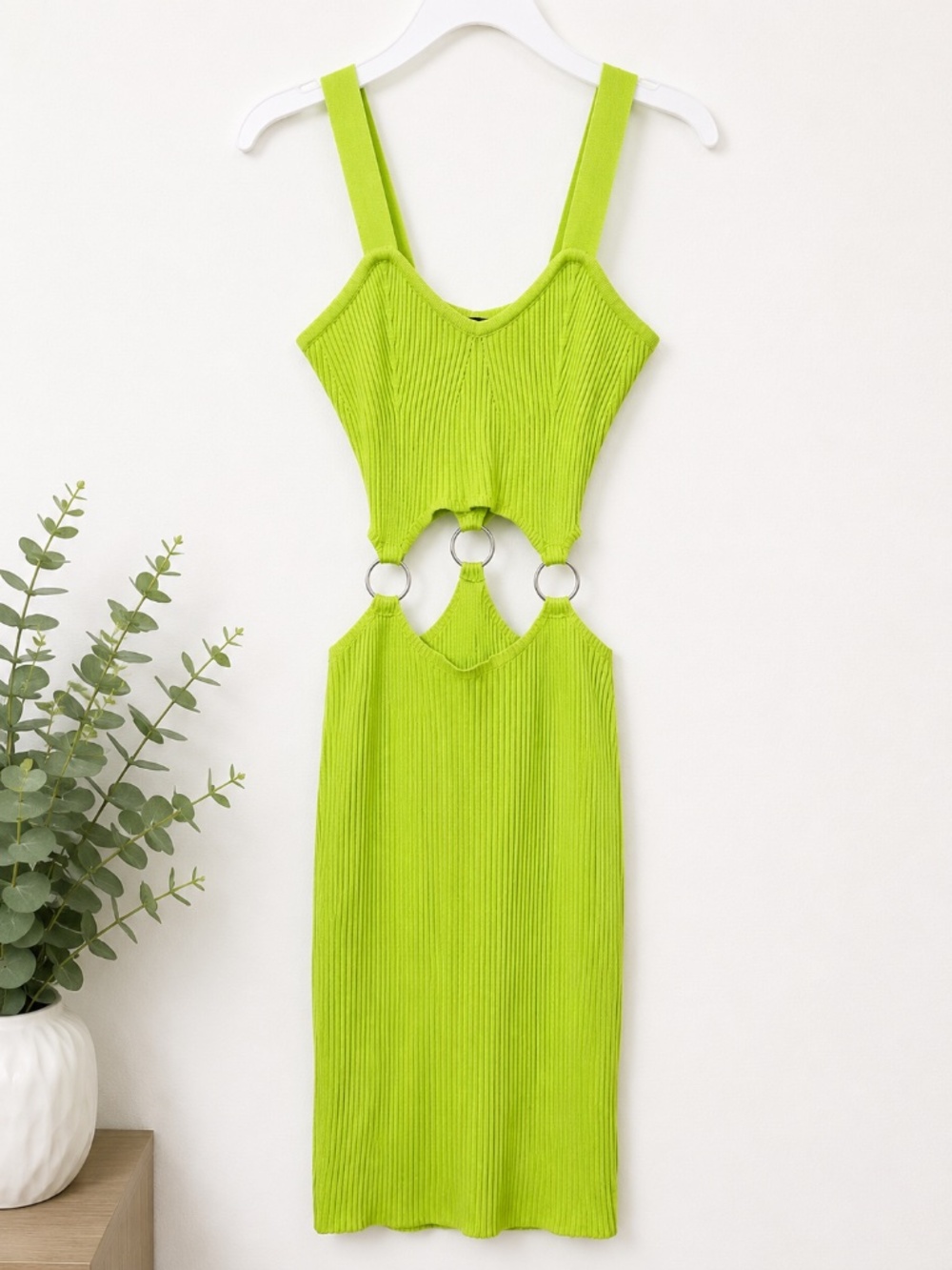 Almost Famous Lime Green Ribbed Cutout Mini Dress